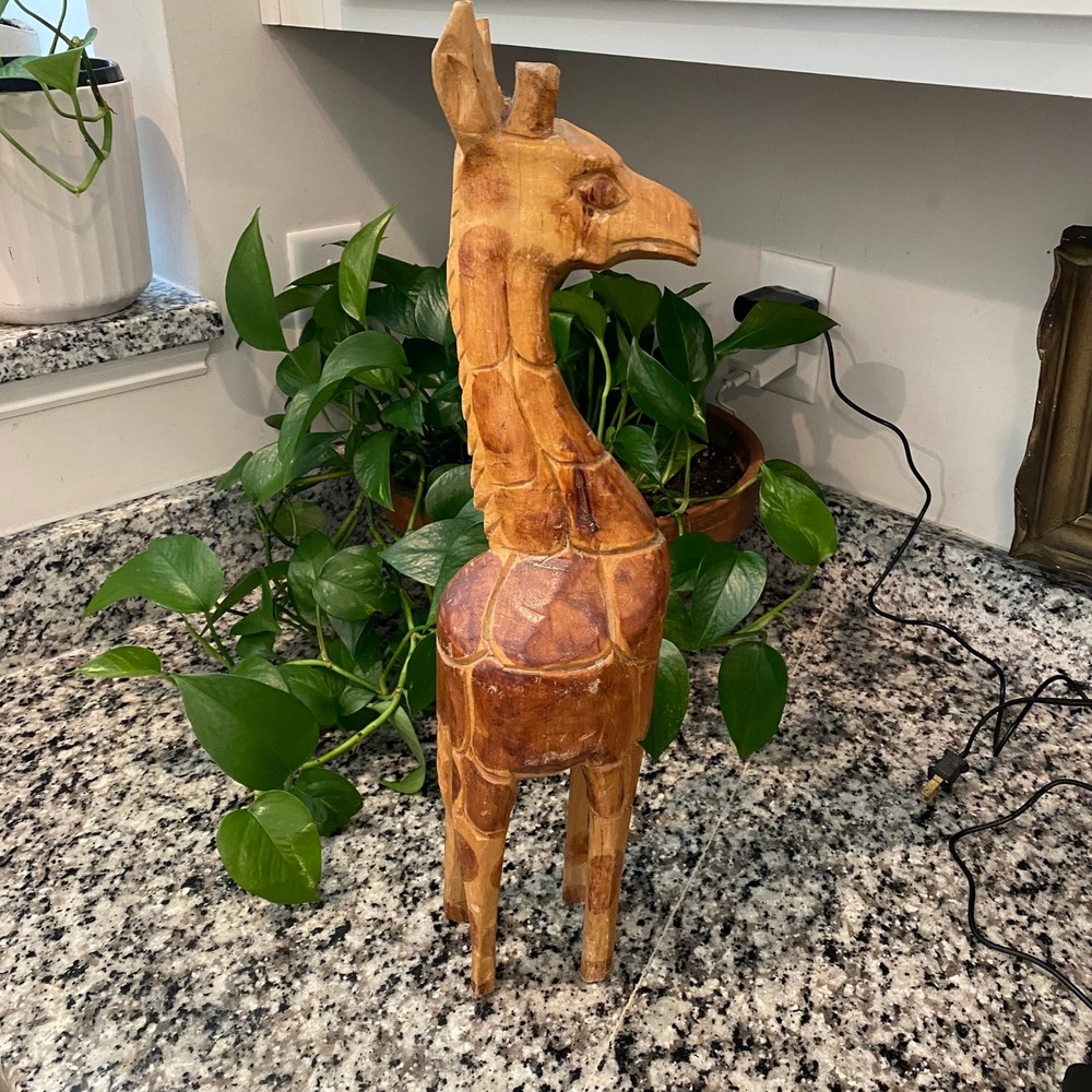 VTG Hand Carved Wood Giraffe Vintage Sculpture Wood Base African Folk Art 19"